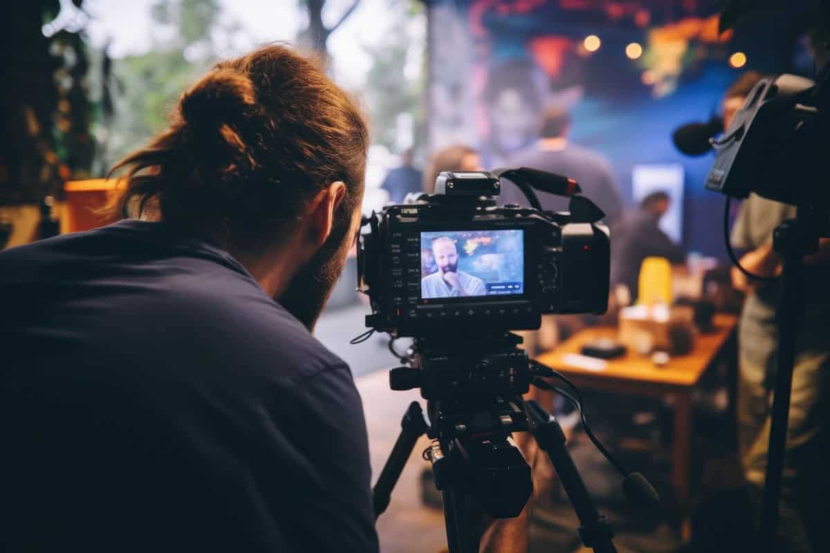 A person with long hair tied back films a Youth Film interview using a professional camera. The camera’s display shows a bearded man speaking. The background is blurred, featuring people at a table and colorful wall art.
