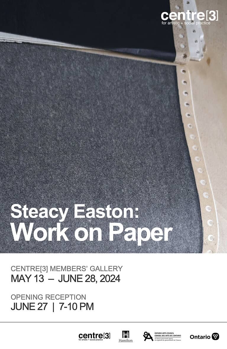 Poster for Steacy Easton's exhibition "Work on Paper" at Centre[3], featuring a close-up of grey paper with a perforated edge. Text reads: "Discover unique approaches to work on paper, May 13–June 28, 2024. Opening reception June 27, 7–10 PM."