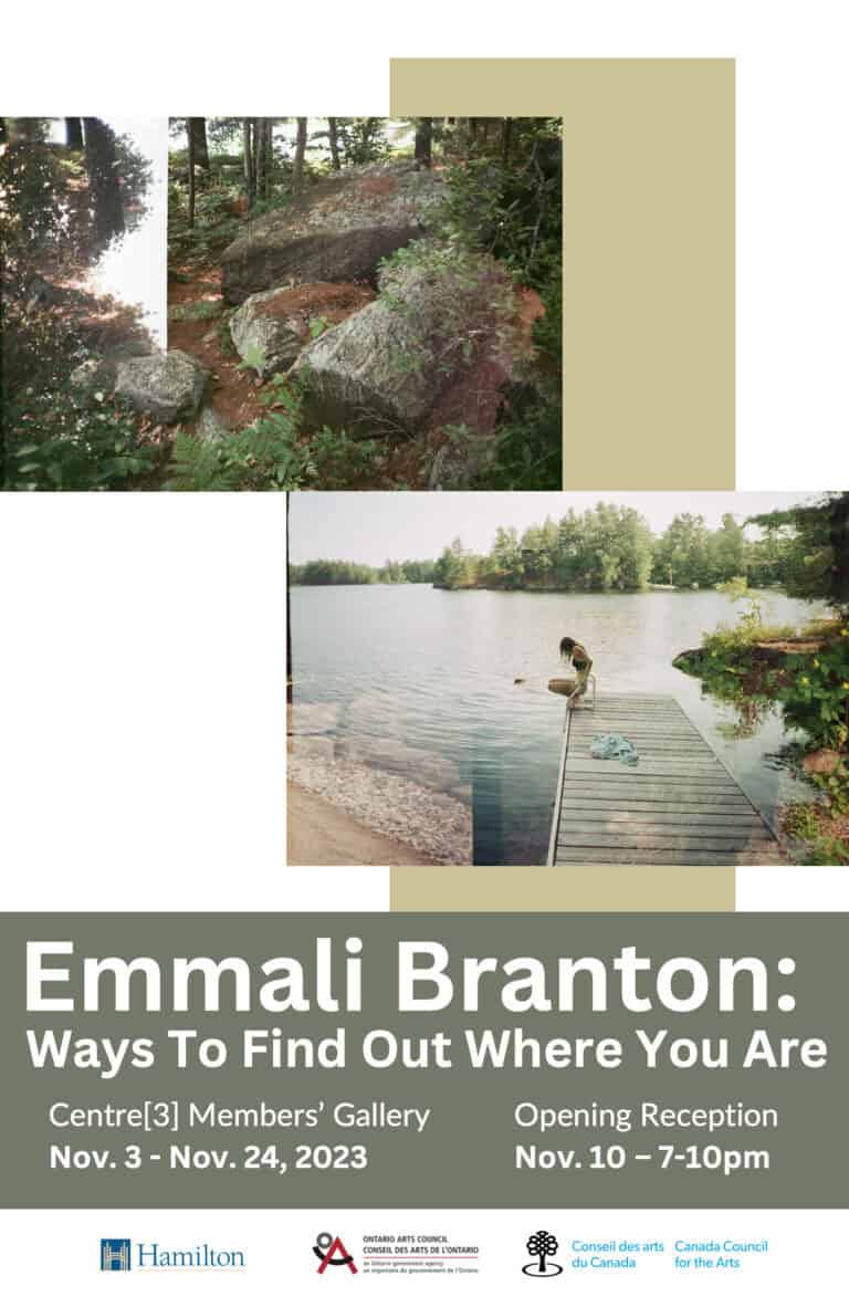 Poster for Emmali Branton’s exhibition, “Ways to Find Out Where You Are,” featuring two nature photos: a mossy forest and a person on a lakeside dock. Exhibition runs Nov. 3–24, 2023; reception on Nov. 10.