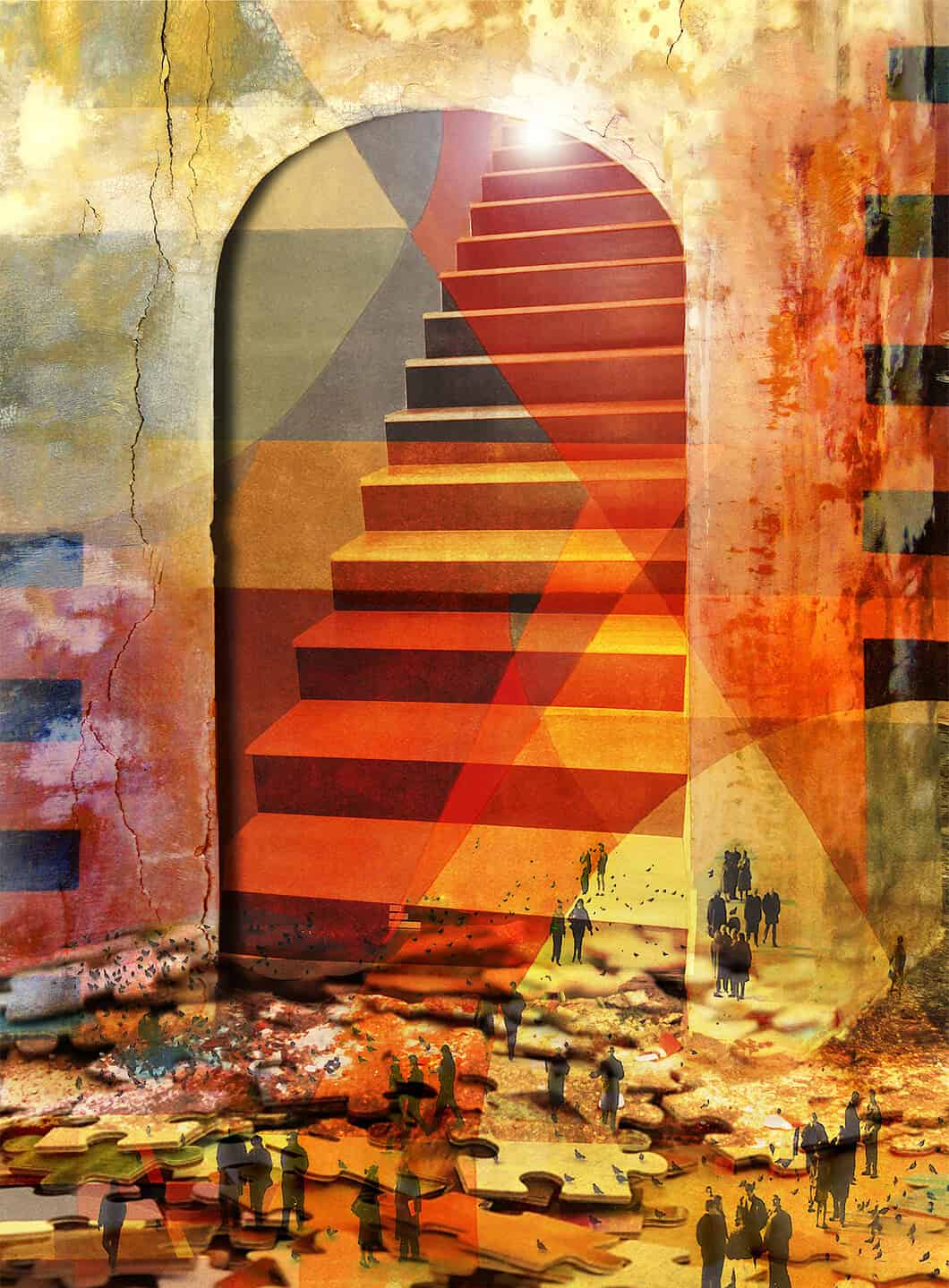 An abstract digital collage depicting small figures walking toward a large arched doorway with a glowing red staircase inside, surrounded by textured, colourful walls that blend geometric shapes with cracked surfaces.