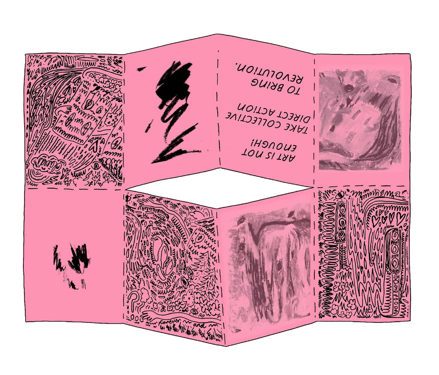 A pink one-page zine template with abstract black doodles and text: “ART IS NOT ENOUGH, TAKE COLLECTIVE DIRECT ACTION, TO BRING REVOLUTION.” The template is unfolded to show various panels.