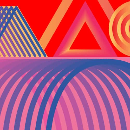 Abstract art with geometric shapes: a blue-striped triangle, glowing orange-pink triangle, and concentric circles on a red background. Curved blue and purple lines sweep across a pink foreground.