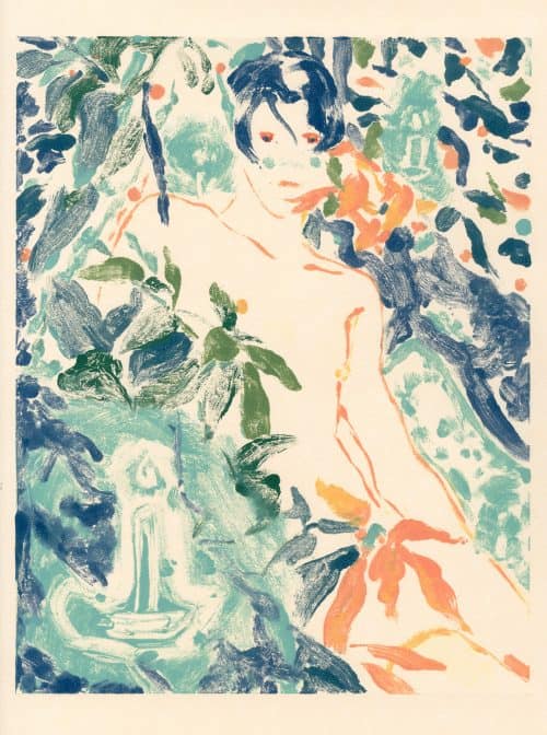 An abstract, colourful painting of a partially nude person surrounded by lush, leafy plants in shades of green, blue, and orange, with fluid brushstrokes and a candle shape in the bottom left corner.