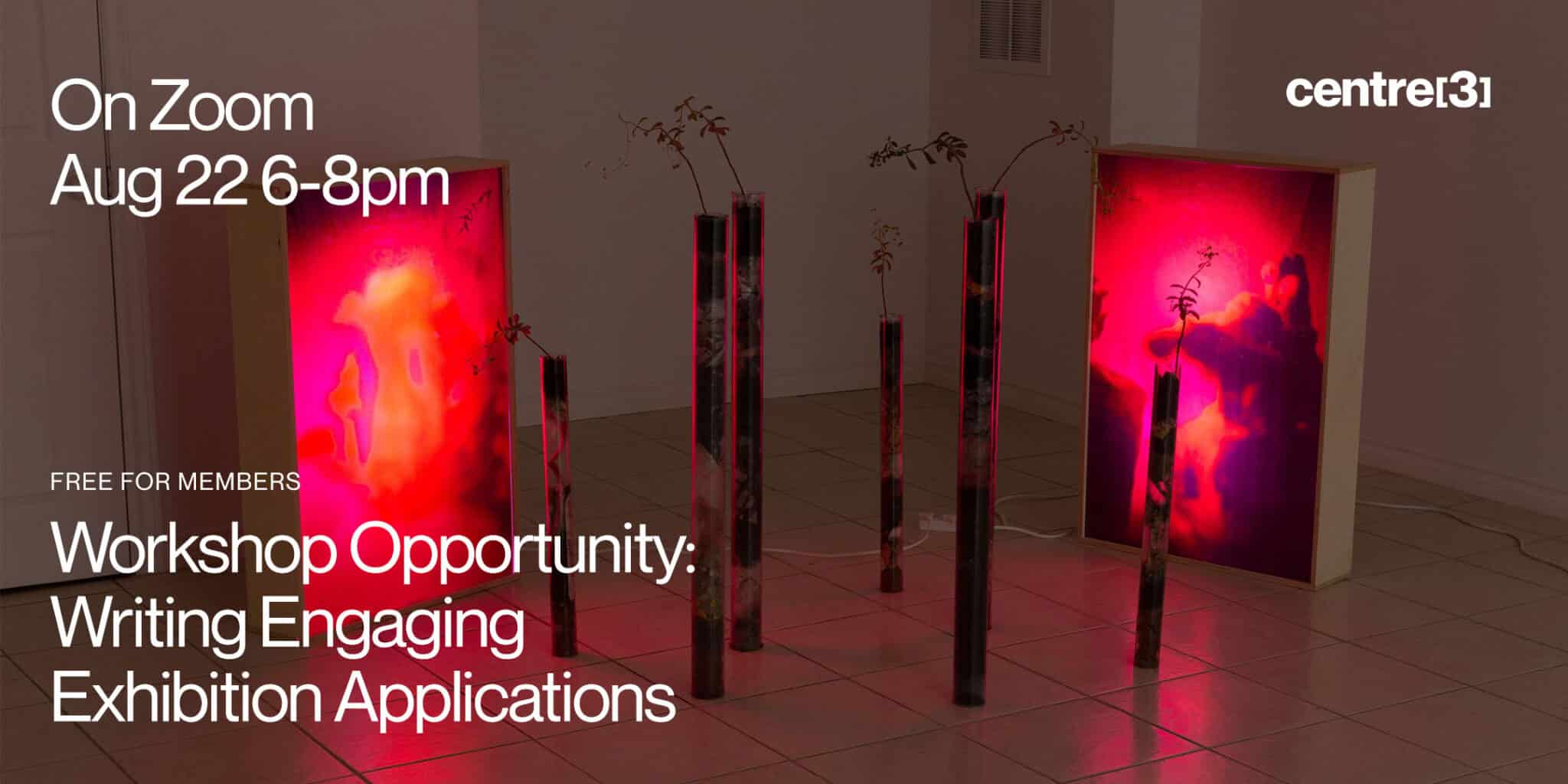 Digital flyer for a Zoom workshop on writing compelling exhibition applications. The background shows illuminated art with glowing red and purple hues.