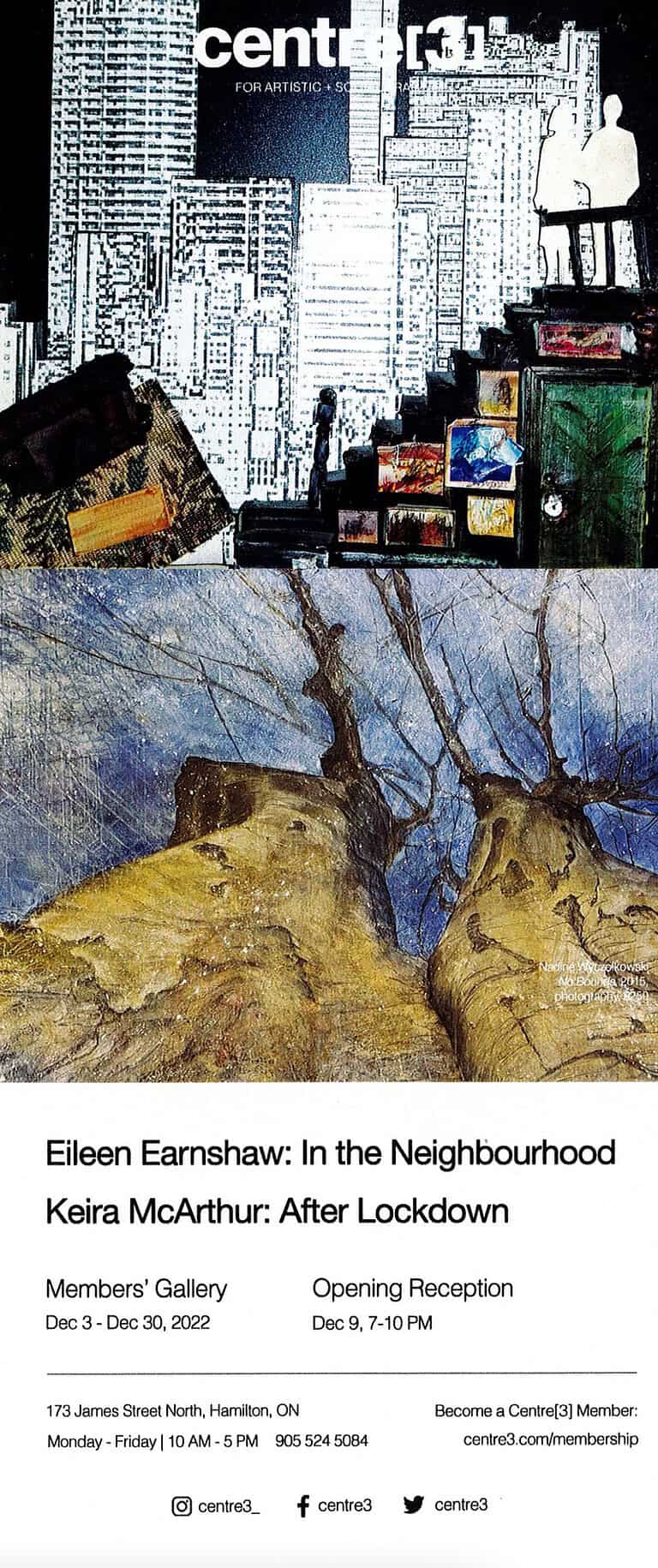 Exhibition poster for Eileen Earnshaw: In the Neighbourhood and Keira McArthur: After Lockdown, featuring a cityscape collage and tree painting imagery.