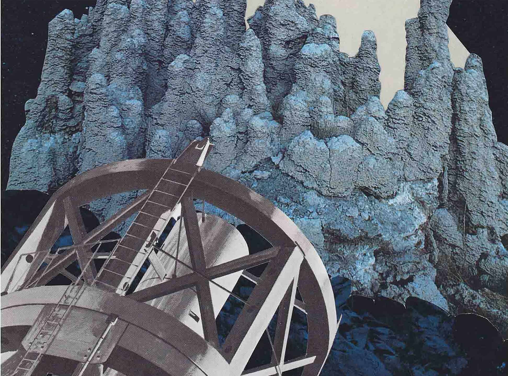 Collage of a large telescope structure set against textured blue rock formations, combining industrial and natural imagery