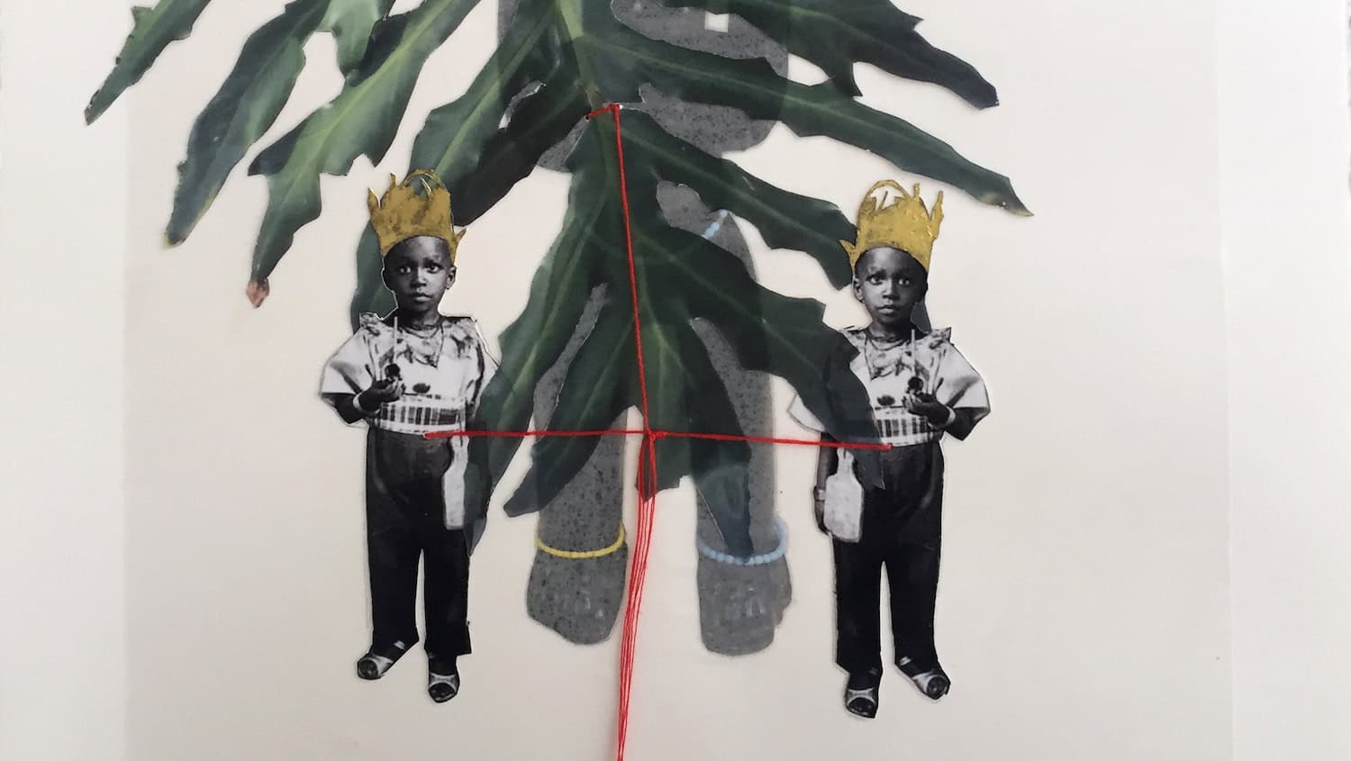 Collage of two small, mirrored figures wearing gold crowns and dark clothing, standing on either side of a red thread cross beneath a large split green leaf, with a faint shadowy figure layered behind