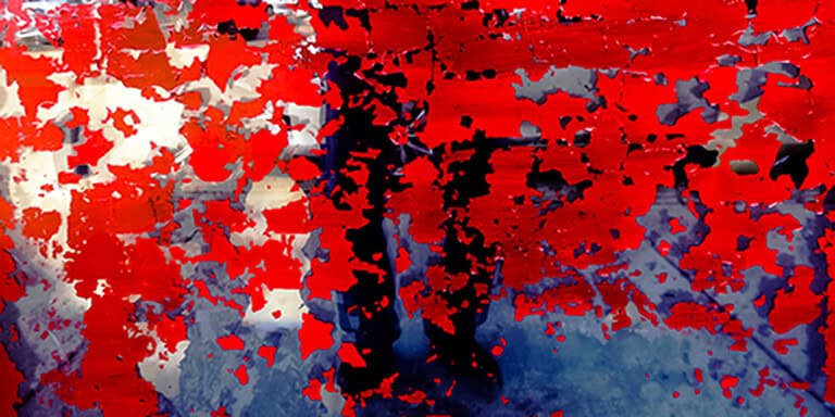 Abstract digital collage with vivid red paint-like forms layered over a blurred blue-and-white scene, partially obscuring two dark human silhouettes standing together.