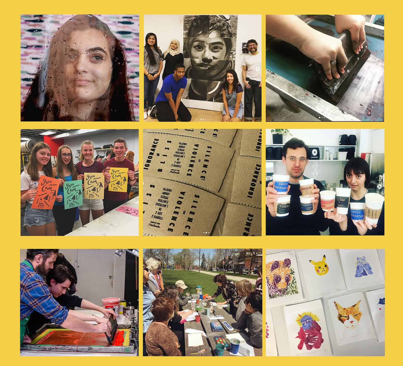 A grid of nine photos showing individuals participating in various art workshops, including screen-printing, painting outdoors, and displaying handmade zines and cup designs.
