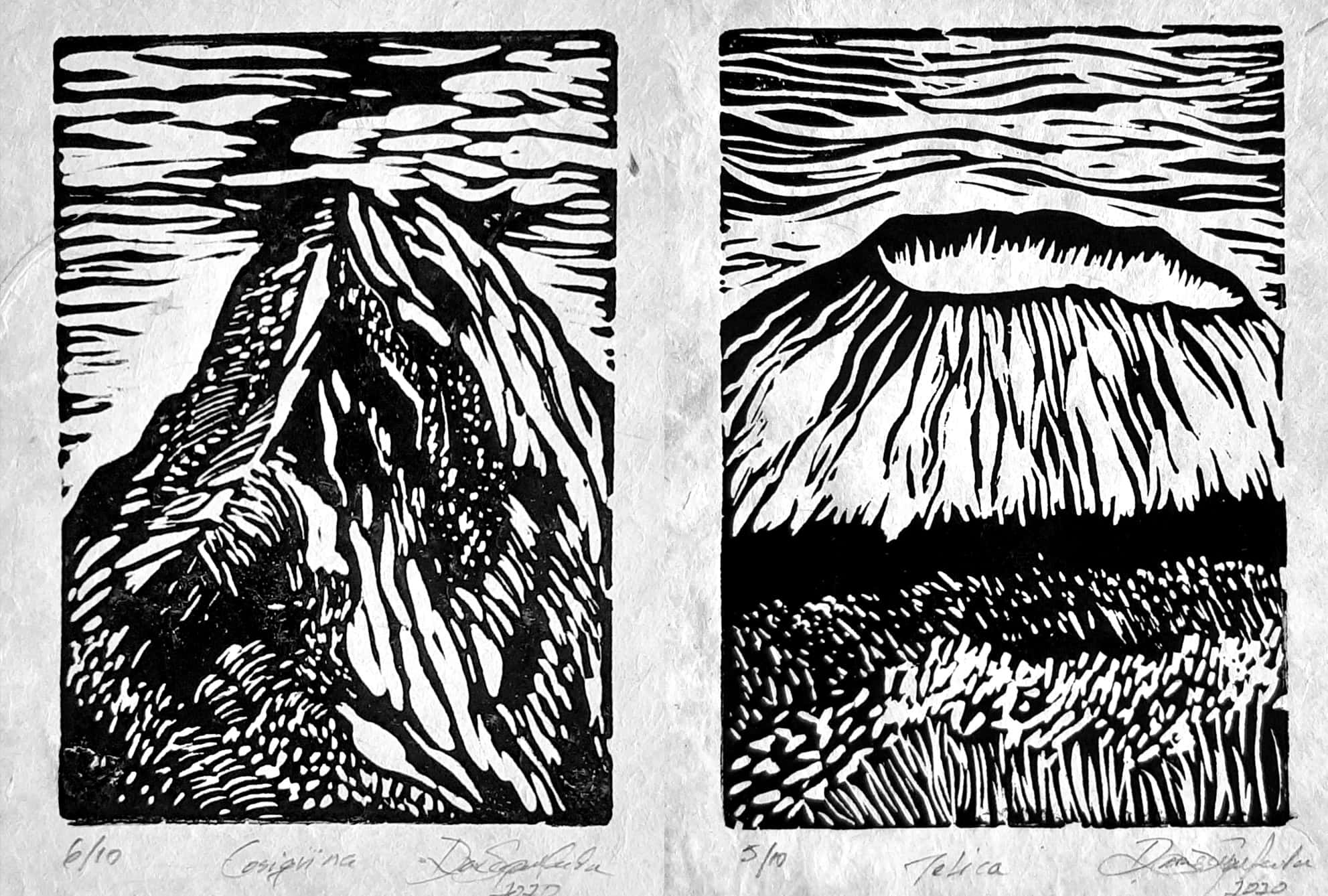 Two black-and-white linocut prints side by side, each depicting a volcano with dynamic linework and texture; the left shows a steep peak, while the right depicts a cratered summit.