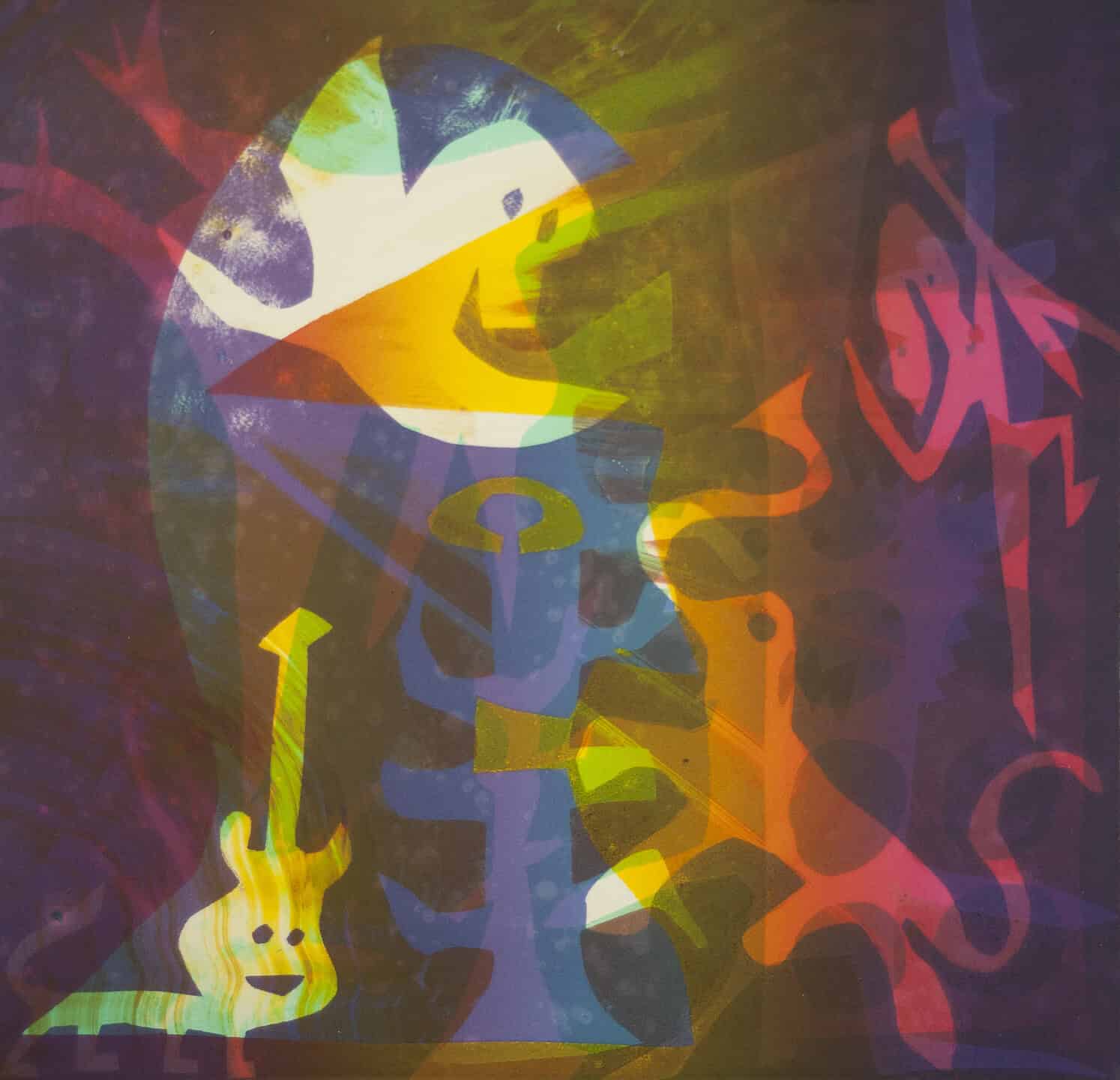 Vibrant abstract composition with layered translucent shapes forming a stylized face and figures in bright colours including yellow, green, blue, and red on a dark background