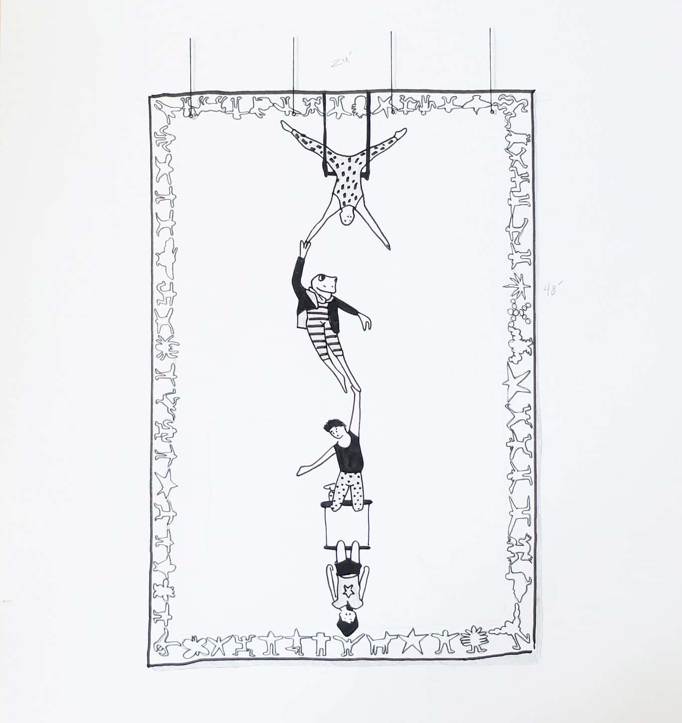Black and white illustration of stacked figures forming a vertical chain within a decorative border of small repeated shapes