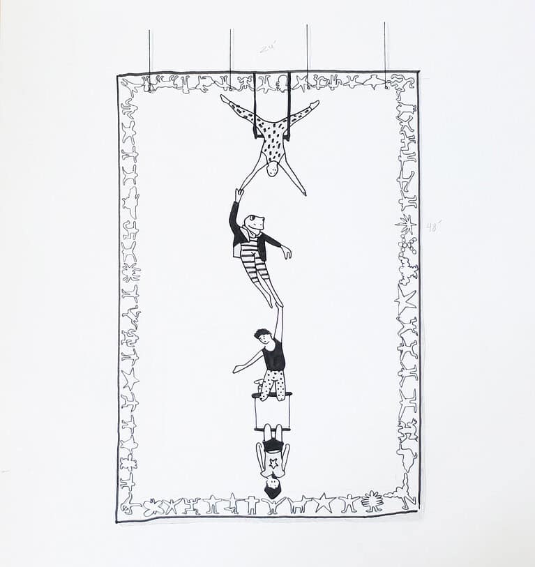 Black and white illustration of stacked figures forming a vertical chain within a decorative border of small repeated shapes