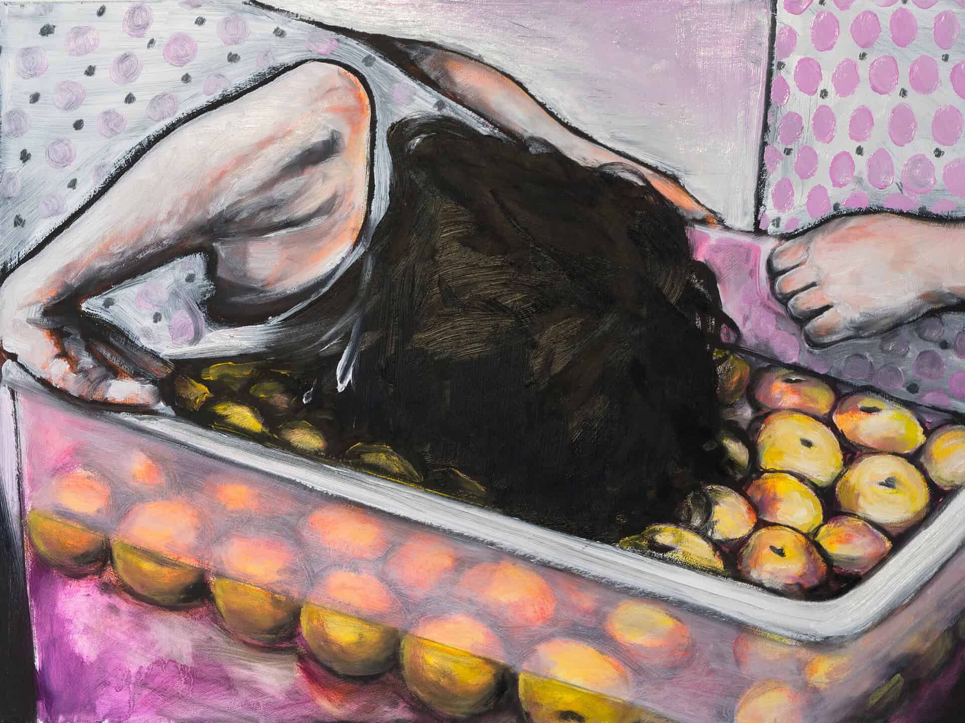 A painting of a person with dark hair leaning over a large clear container filled with apples, their face submerged among the fruit. Another person stands nearby. They are both dressed in pink polka dotted outfits.