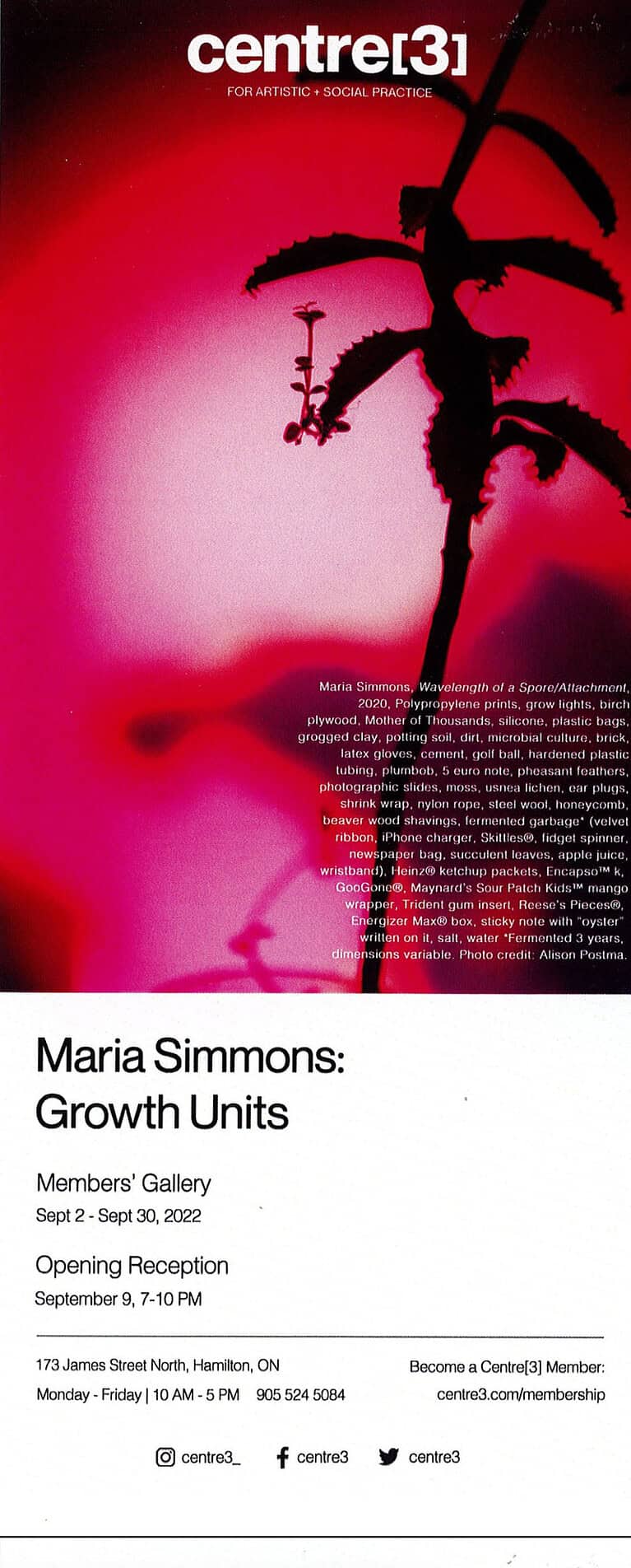 Exhibition poster for Maria Simmons: Growth Units, showing a silhouetted plant against a vivid pink background with show details for September 2022.
