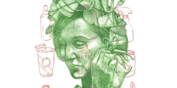 A green sketch of a pensive woman holding her face, with various plastic items like bottles and cups illustrated around her head like a crown.