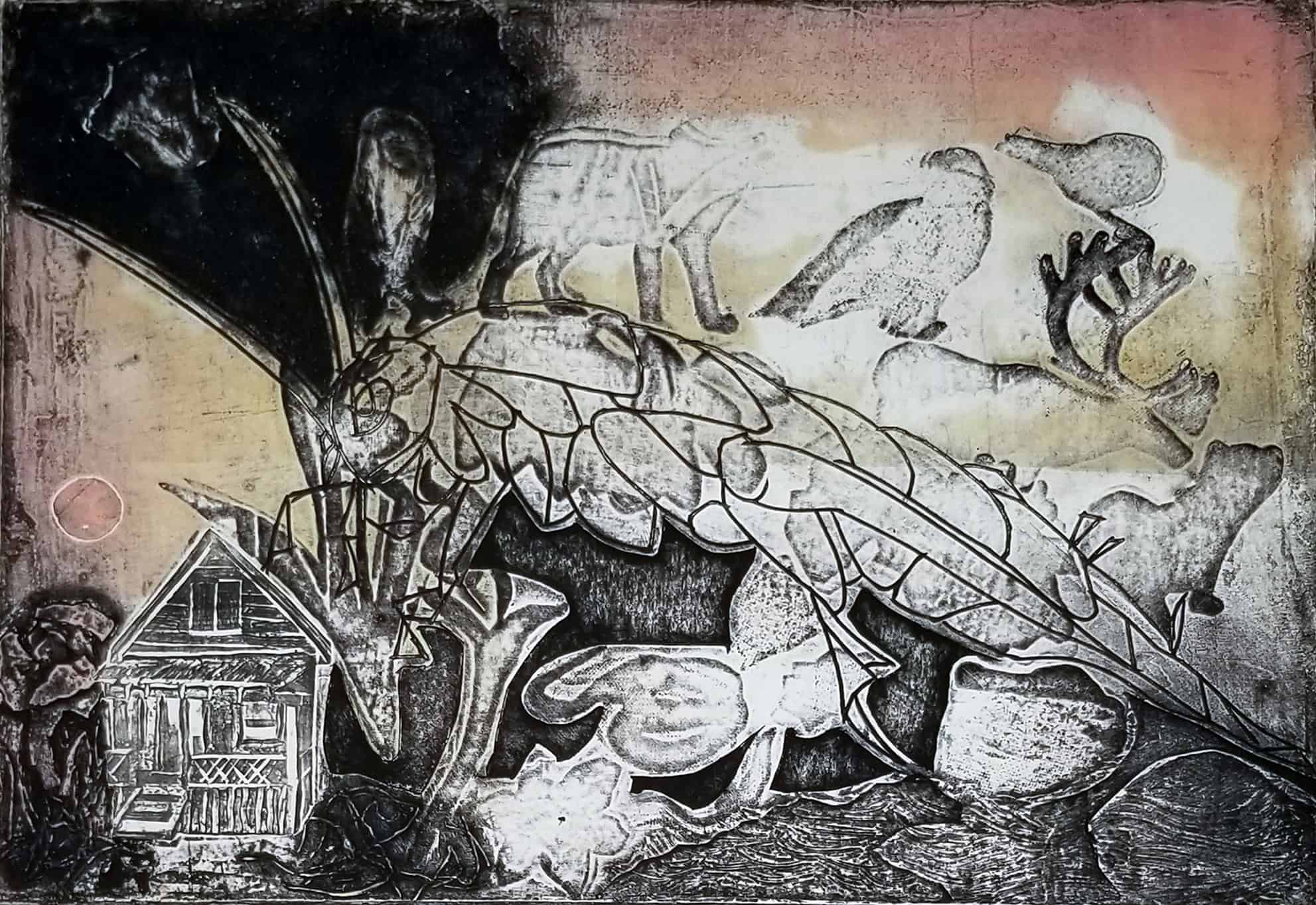 A black-and-white print with subtle red to yellow colour gradients, showing animal silhouettes, plants, and a small house within a dreamlike landscape.