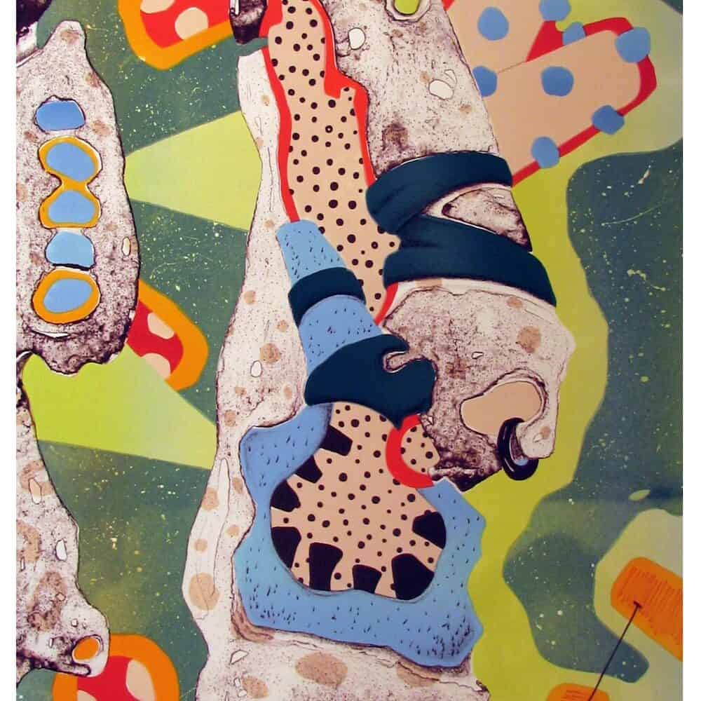 Close-up of an abstract print with layered organic shapes, dotted textures, and bold colour contrasts, including soft blues, greens, and warm orange accents