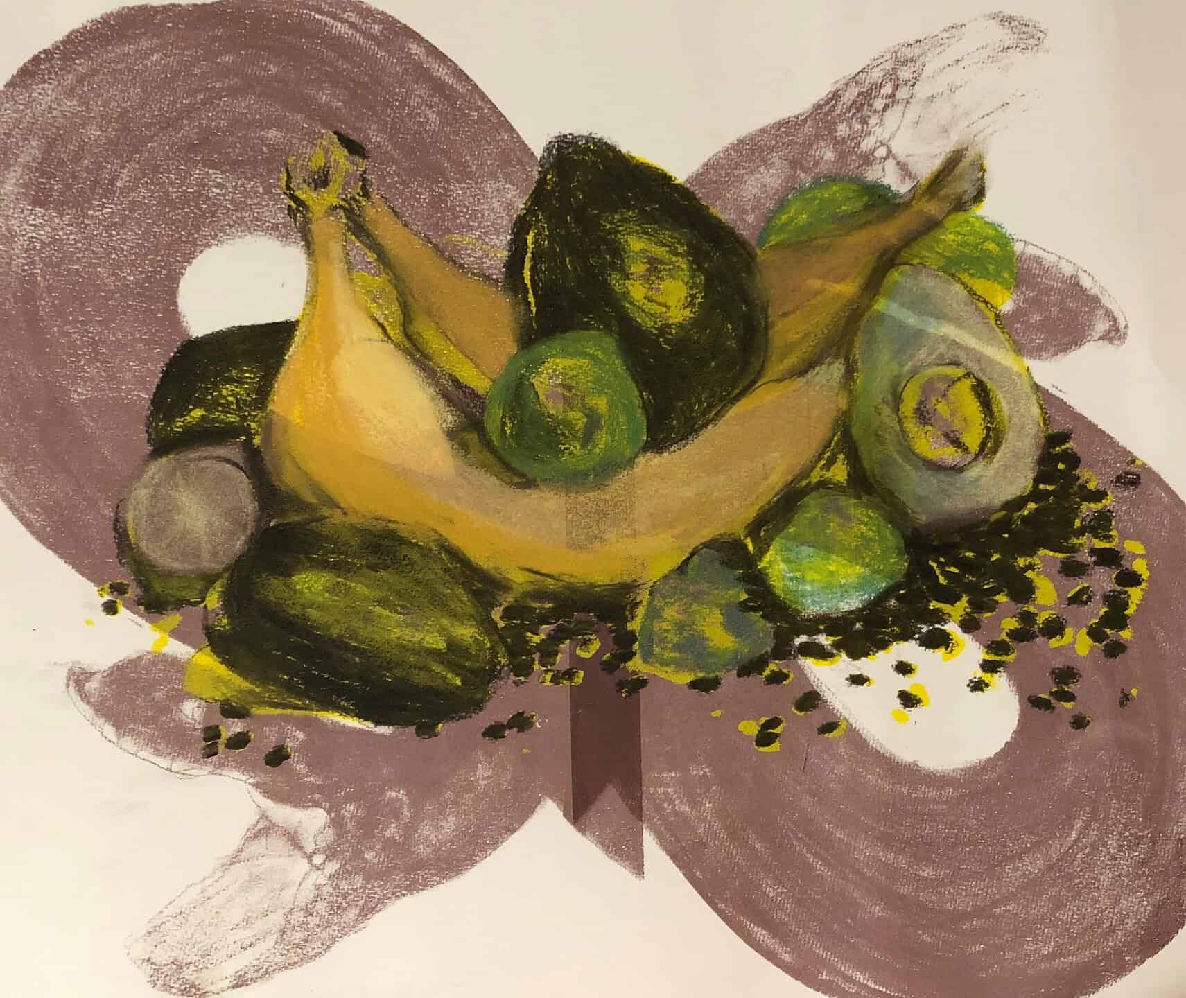 A painting of bananas and several green and yellow fruits, possibly avocados or limes, arranged on a surface with abstract brownish grey brushstrokes in the background.