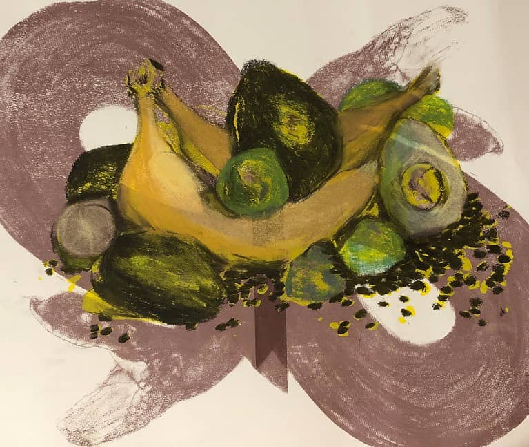 A painting of bananas and several green and yellow fruits, possibly avocados or limes, arranged on a surface with abstract brownish grey brushstrokes in the background.
