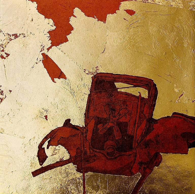A gold and red mixed-media artwork depicting the outline of a fragmented machine-like form against a textured metallic background.