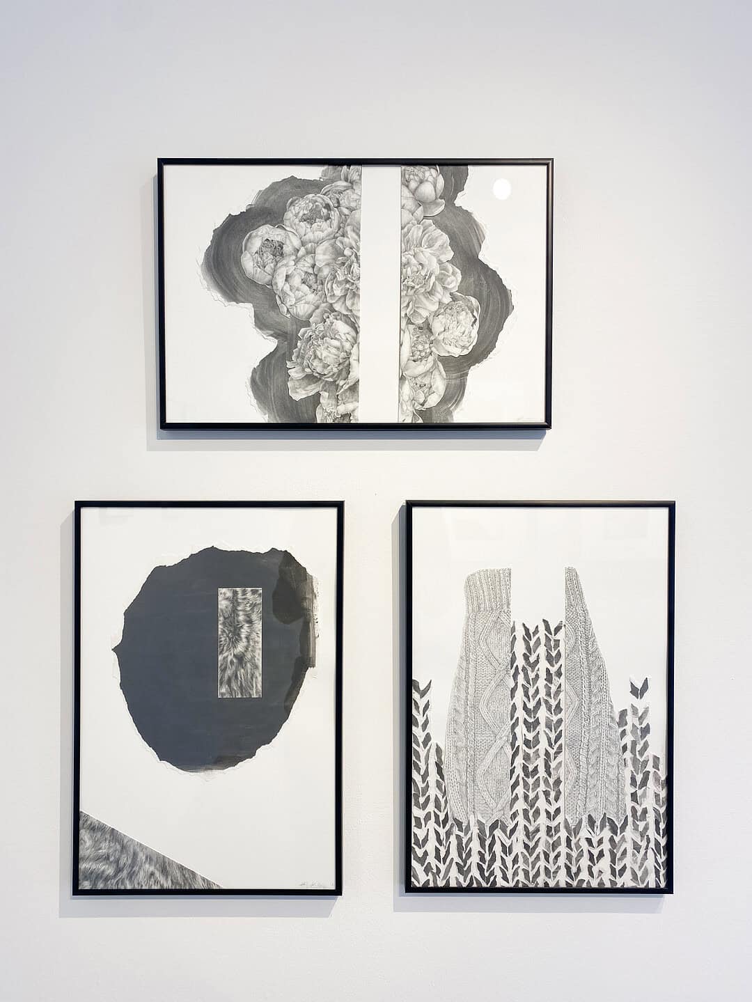 Group of three graphite drawings on paper: the top piece shows a dense floral cluster divided by a white strip; below are an abstract circle composition and a textile-inspired pattern.