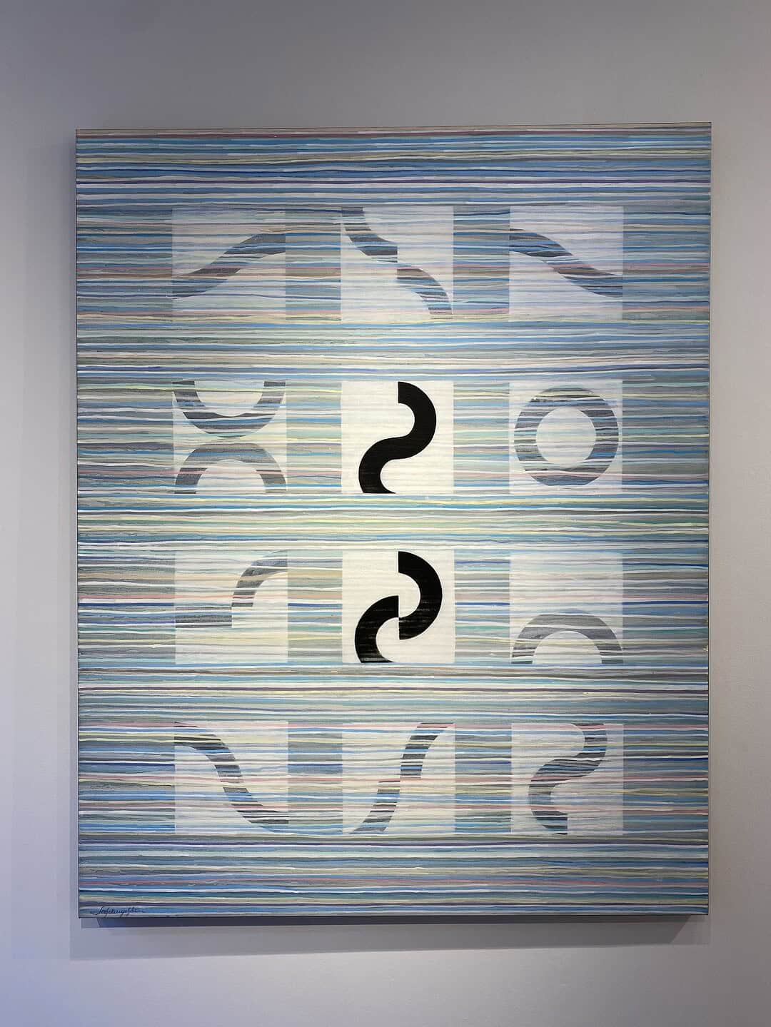 Geometric painting composed of vertical pastel blue stripes intersected by bold black curved forms arranged in a grid pattern.