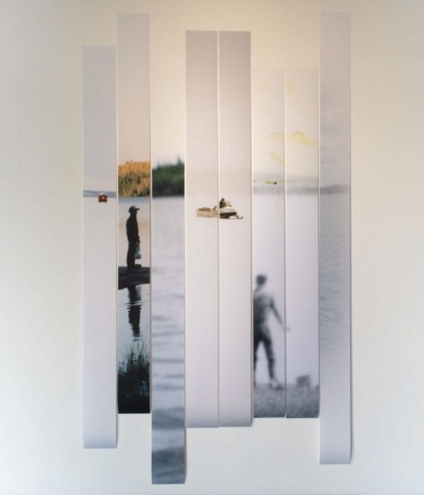 Vertical strips of photographic imagery showing figures and water scenes arranged in a layered, segmented composition