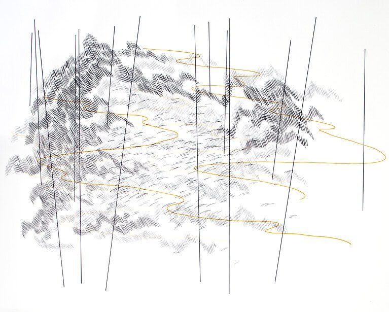 Minimalist drawing with delicate black hatching and thin vertical lines intersected by flowing yellow lines, creating an impression of movement or wind across an abstract landscape.