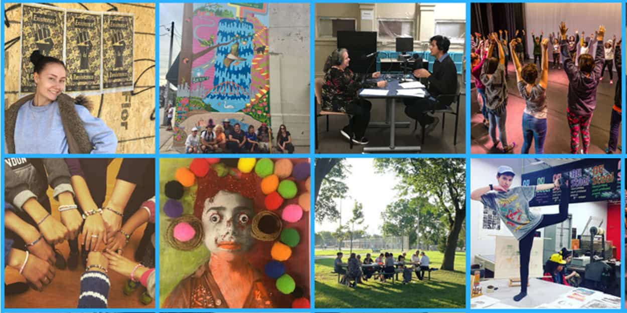 A collage of eight photos depicting community art projects, including a large mural, individuals recording audio, a group dancing, and a person practicing a yoga pose.