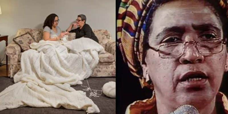 Diptych combining two photographs: at left, two people sitting on a sofa wrapped in a huge hand-knit white blanket; at right, a close-up of a person in glasses and a bright multicoloured headwrap speaking into a microphone.