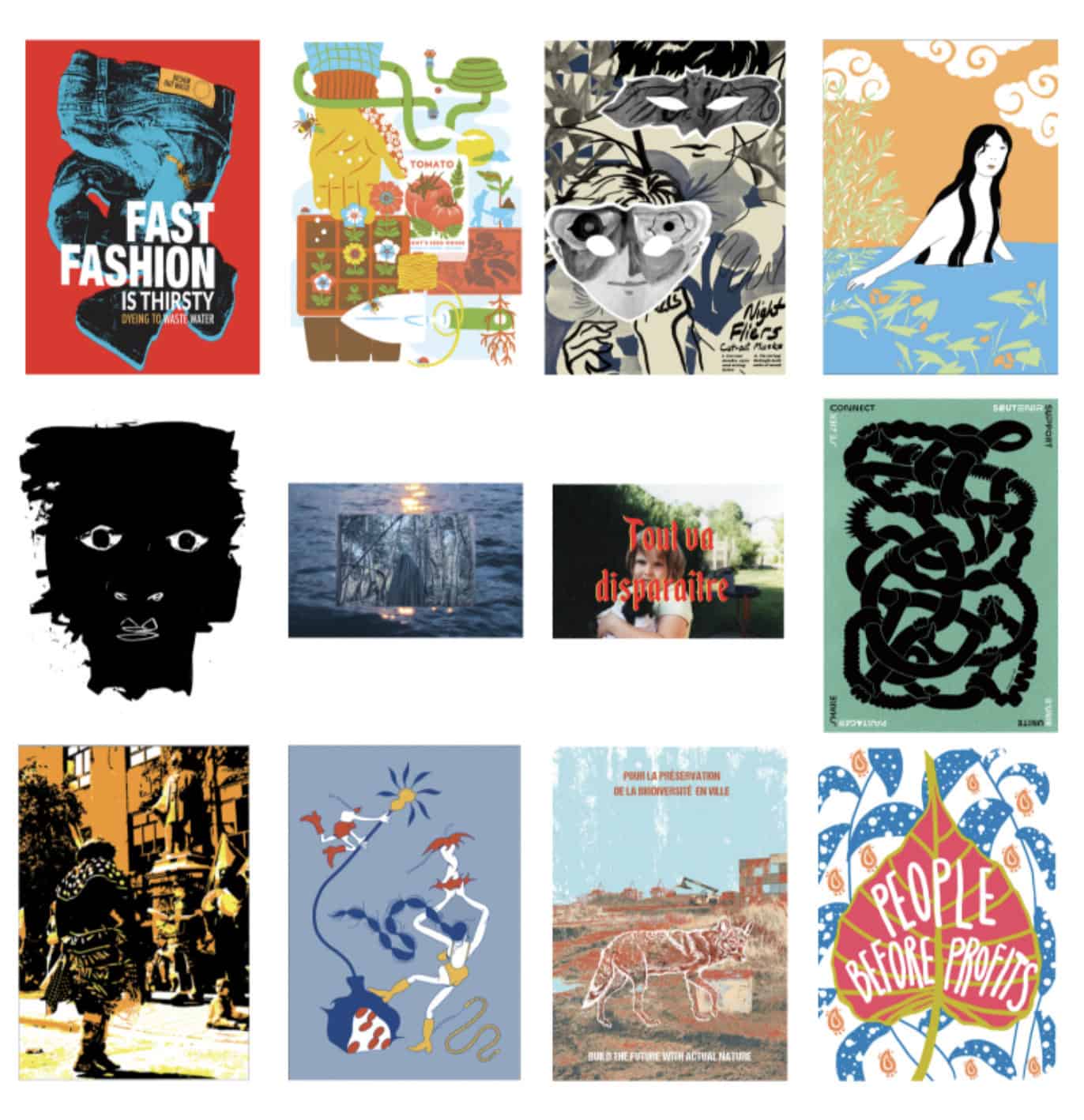 Grid of twelve illustrated posters arranged in rows, featuring varied styles including environmental themes, portraits, and abstract graphics