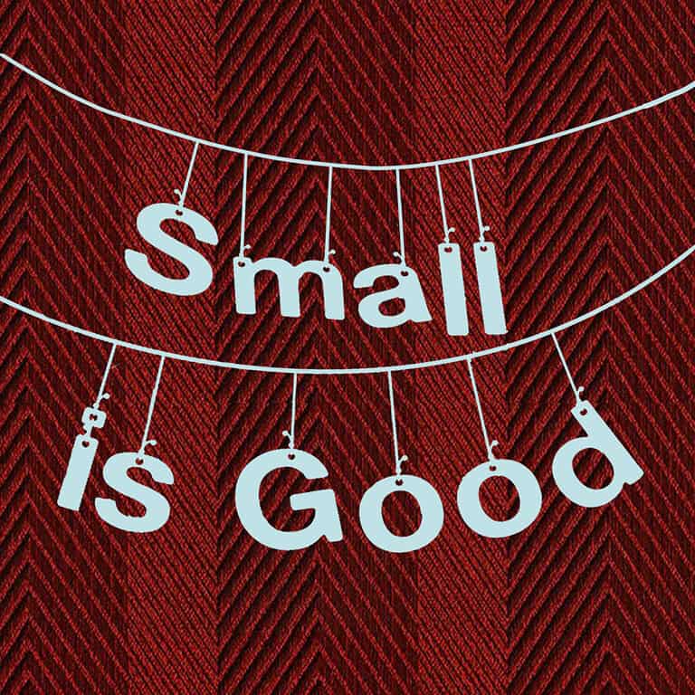 Decorative graphic with light blue hanging letters spelling “Small is Good” over a red patterned background