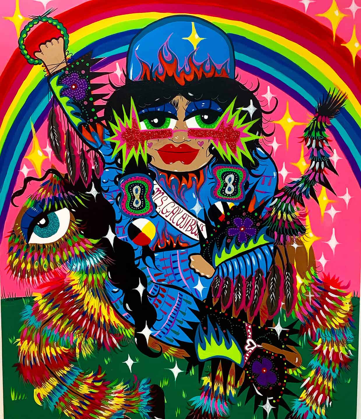Highly saturated painting of a stylized figure in elaborate regalia holding feathered objects, set against a rainbow background with sparkling accents
