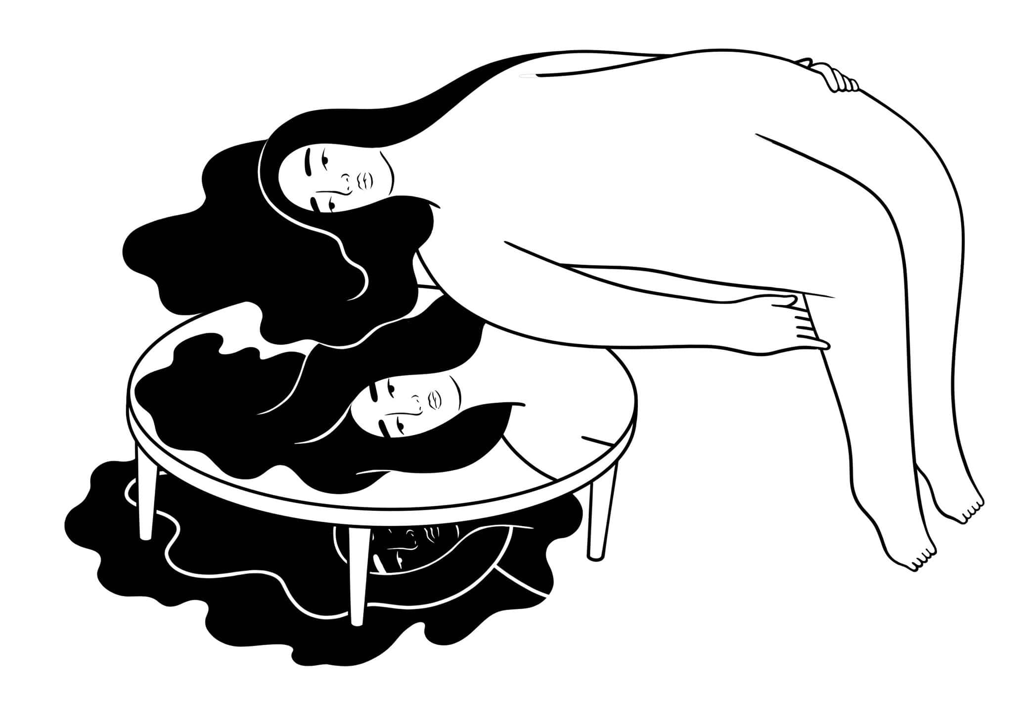 A black and white illustration of a woman lying on her side with her long hair flowing onto a round table, where her reflection appears in the tabletop along with her hair spilling over the edge.