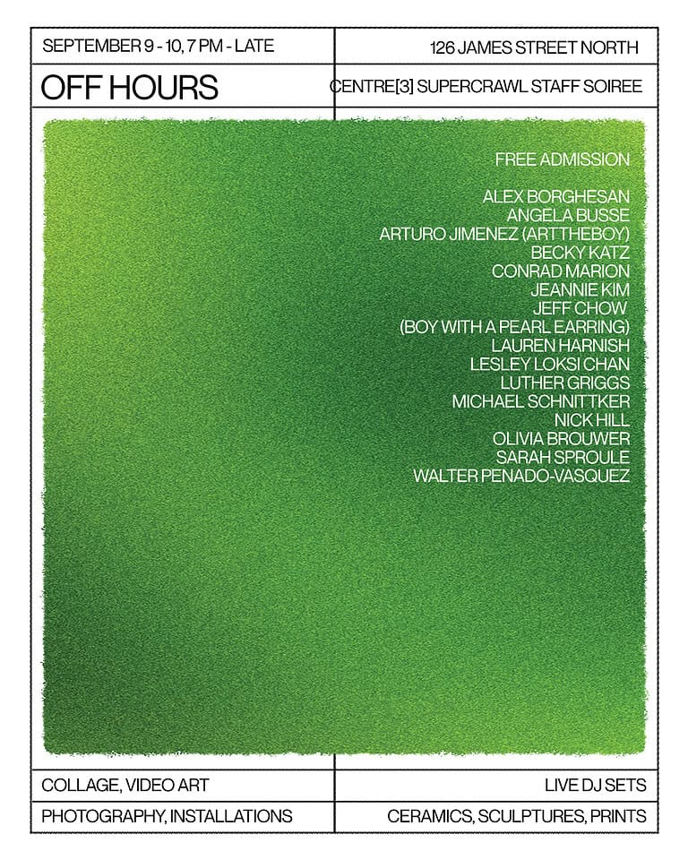 Promotional poster for OFF HOURS: Supercrawl Staff Soiree, listing participating artists and event details on a green gradient background.