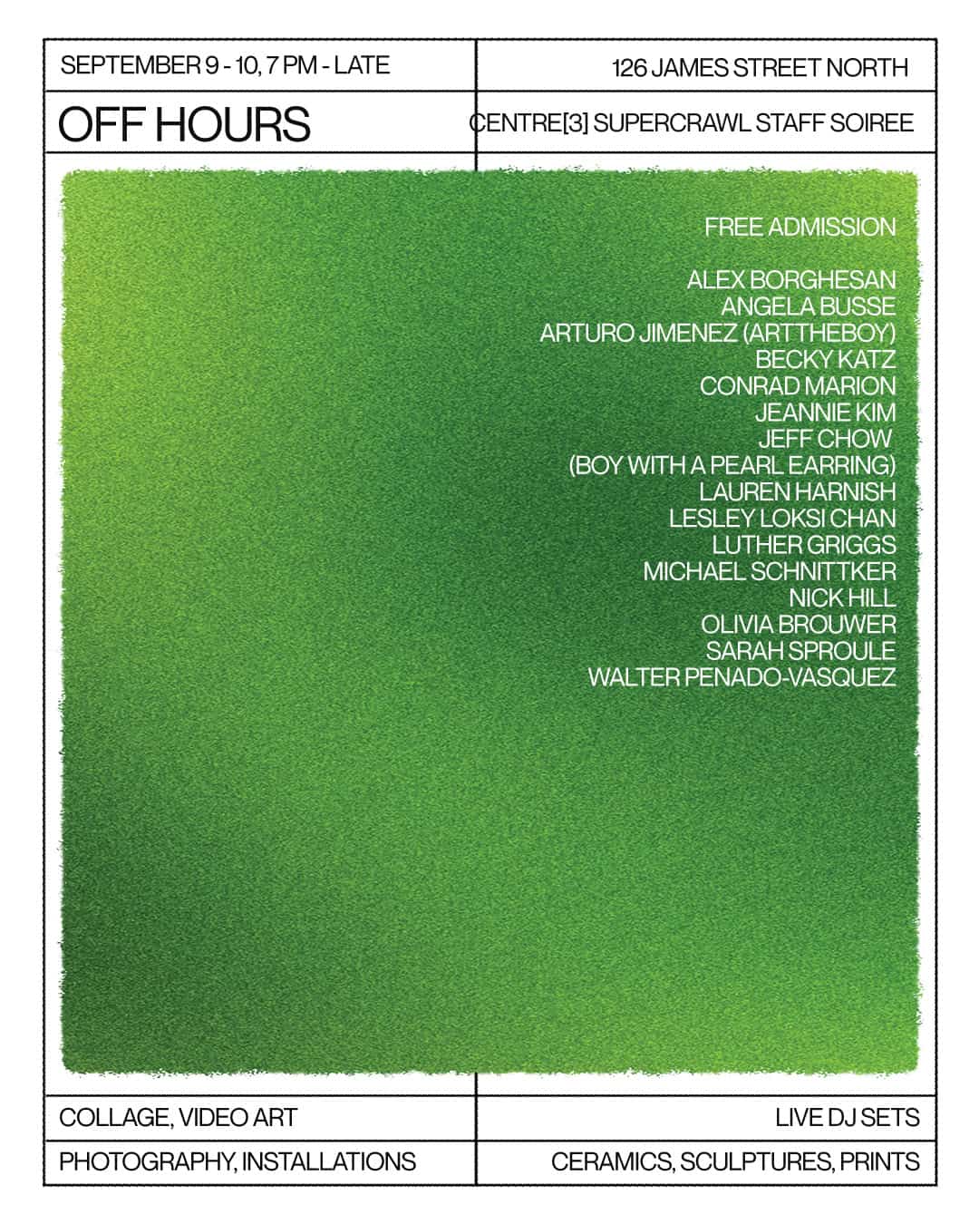 Promotional poster for OFF HOURS: Supercrawl Staff Soiree, listing participating artists and event details on a green gradient background.