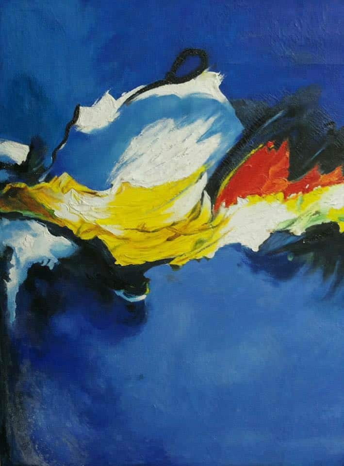 An abstract painting with vibrant blue background, featuring bold splashes of white, yellow, red, green, and black, creating a dynamic and flowing composition.