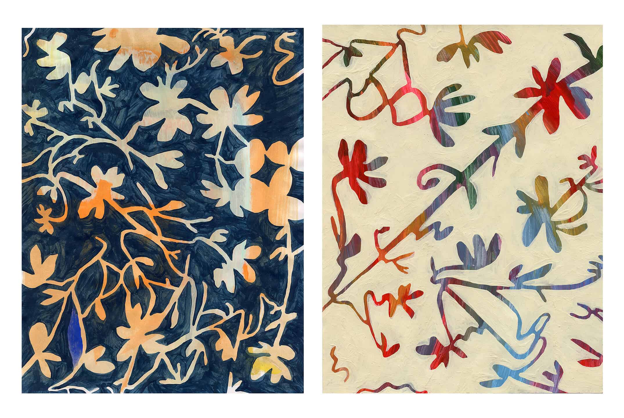 Two abstract floral panels featuring cut-out silhouettes of branches and leaves, one in warm orange against navy blue, the other in red and blue on cream.