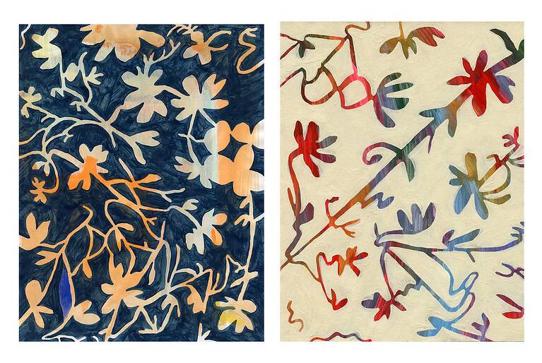 Two abstract floral panels featuring cut-out silhouettes of branches and leaves, one in warm orange against navy blue, the other in red and blue on cream.