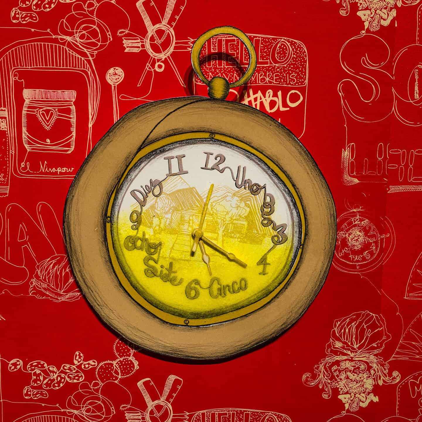A hand-drawn clock with irregular gold numbers and hands sits on a vibrant red patterned background with sketches of jars, text, and food items. The clock face has a yellow tint and whimsical lettering.