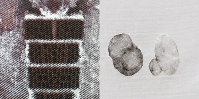 Side-by-side detail images: at left, a textured window-like motif; at right, two soft grey printed stain-like shapes on white fabric.