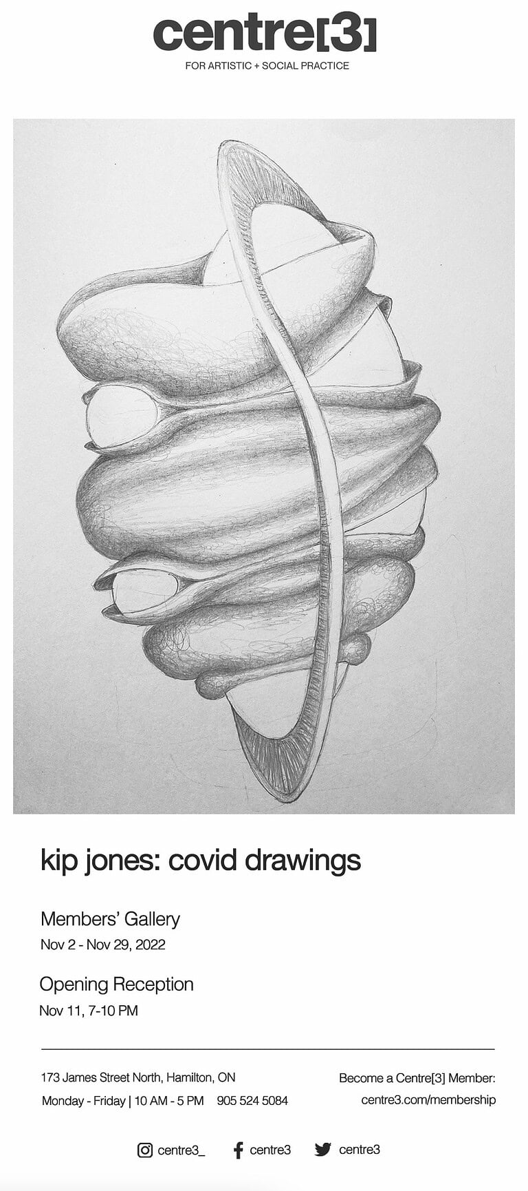 Exhibition poster for Kip Jones: Covid Drawings, featuring a graphite drawing of an abstract, looping organic form with the event details below.