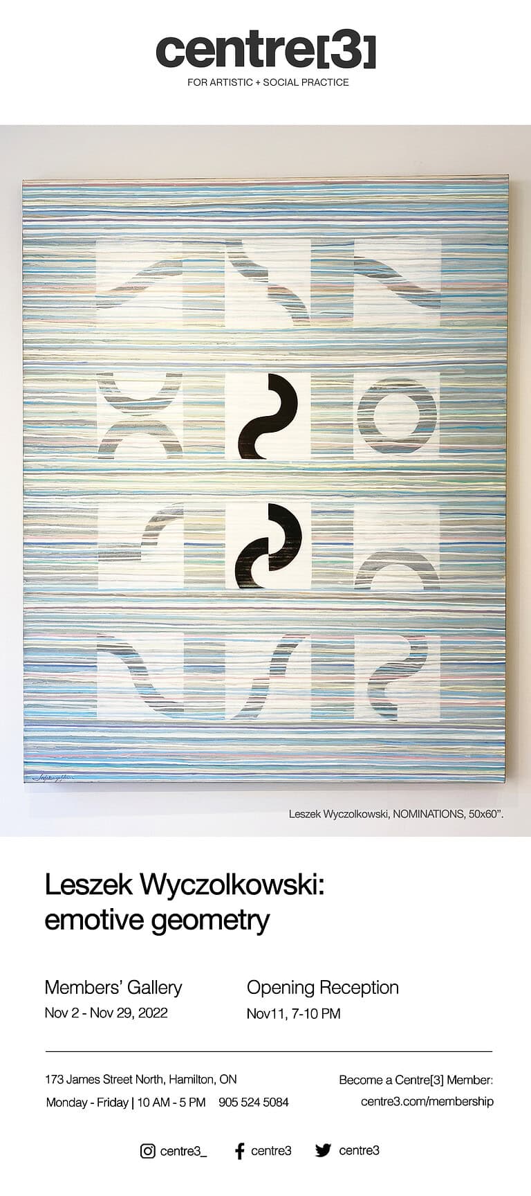Exhibition poster for Leszek Wyczolkowski: Emotive Geometry, featuring a striped abstract painting with curved black forms and the event details below.