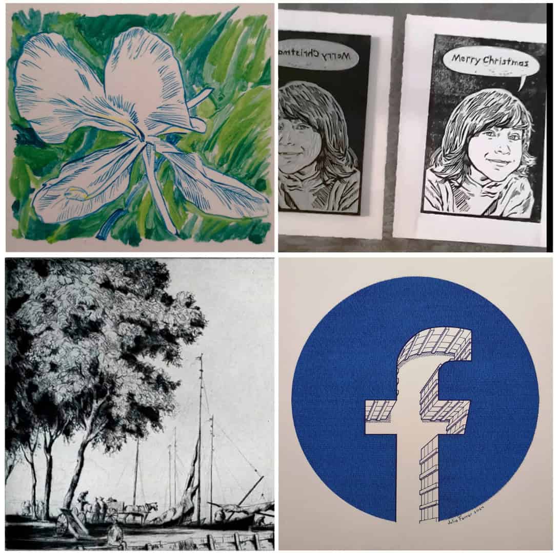 A four-panel collage showcasing traditional printmaking techniques. Included are a green botanical print, a linocut portrait, a detailed landscape etching of trees and sailboats, and a blue Facebook logo rendered as a tiered architectural structure.