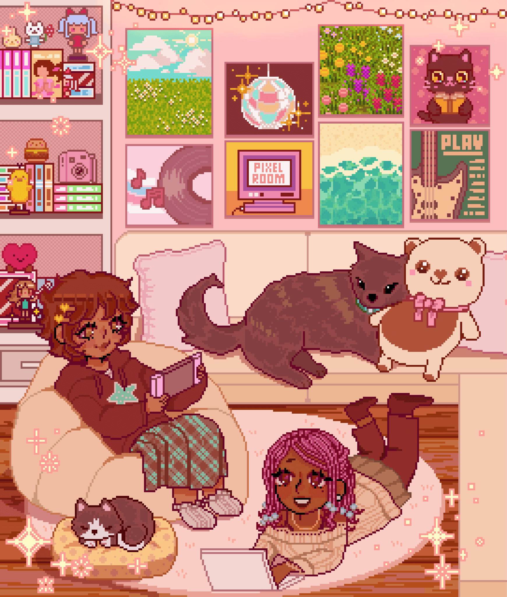 Pixel art illustration of two people relaxing in a pink bedroom with cats, framed pictures, and soft lighting.