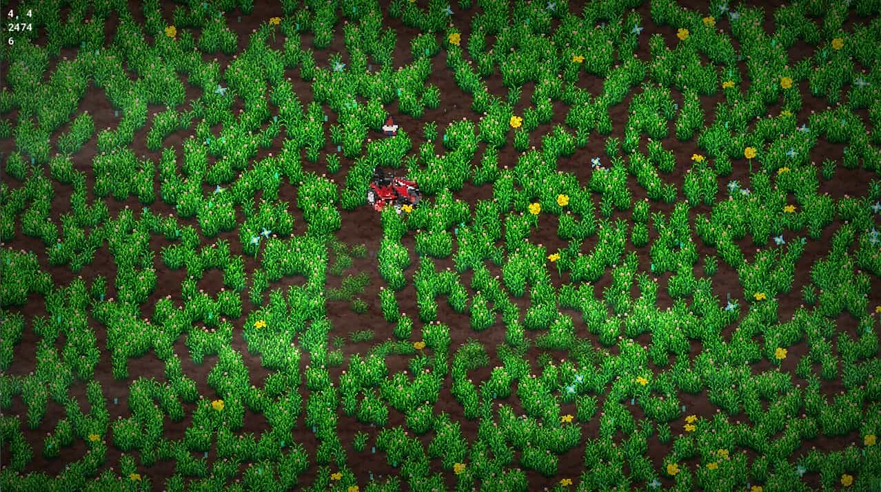 Mowem, a top-down pixel game field of dense green foliage scattered with flowers.